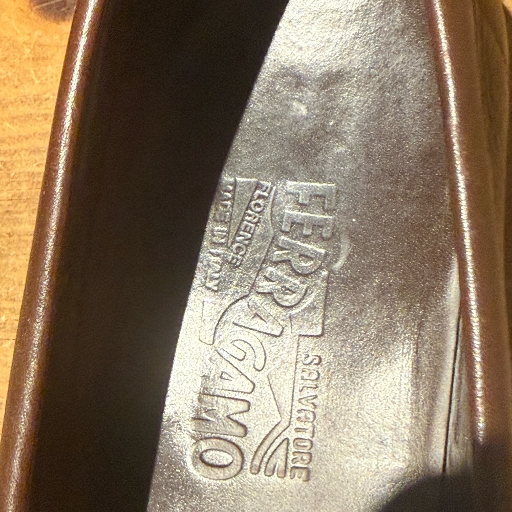 Salvatore Ferragamo Chocolate Leather Slip-Ons with Silver Accent - Picture 9 of 11